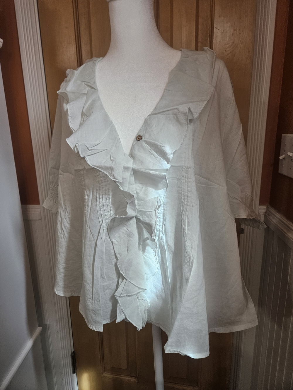 Natural Lufe Light Blue Ruffle V-Neck Women's Blouse